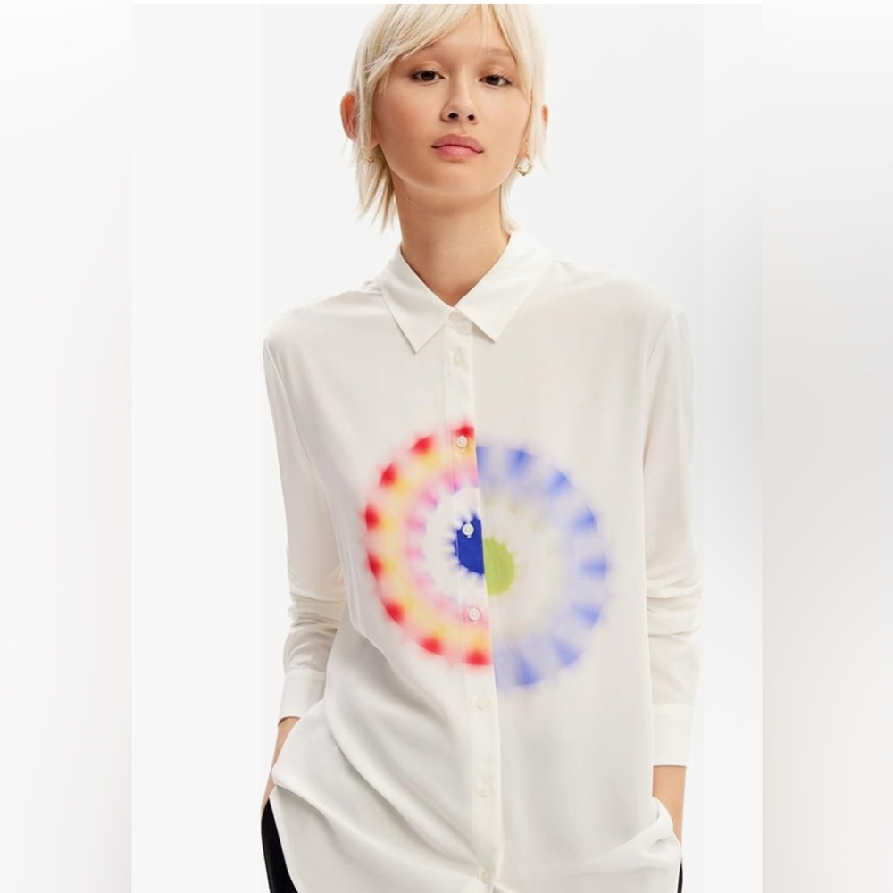 Desigual White Button-Up Shirt with Colorful Design Small - Picture 2 of 9